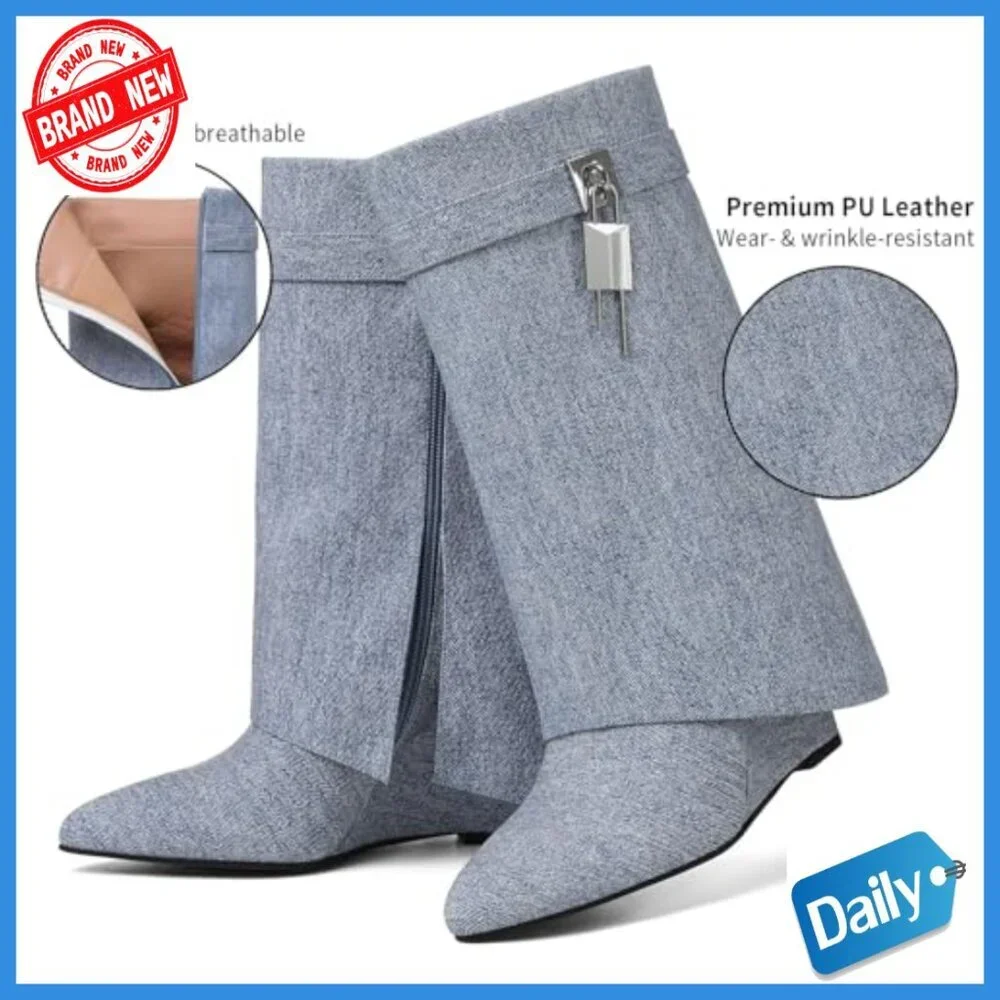 Wedge Heel Ankle Booties with Fold Over Design and Side Zipper